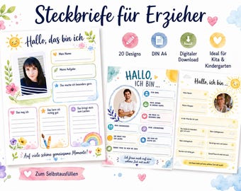 Profile sheets for daycare educators – 20 templates in DIN A4 format | Getting-to-know-you sheet for kindergarten/nursery | Early childhood educator | Digital download