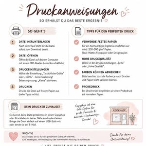 Może przedstawiać: Instrukcja zatytułowana Druckanweisungen zawierająca sekcje dotyczące krok&oacute;w drukowania, wskaz&oacute;wek dotyczących jakości oraz porad dotyczących korzystania z lokalnej drukarni. Dokument zawiera ikony, wypunktowania i tekst w języku niemieckim.