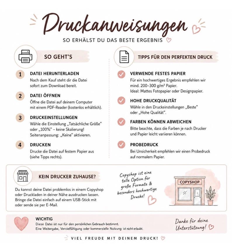 Może przedstawiać: Instrukcja zatytułowana Druckanweisungen zawierająca sekcje dotyczące krok&oacute;w drukowania, wskaz&oacute;wek dotyczących jakości oraz porad dotyczących korzystania z lokalnej drukarni. Dokument zawiera ikony, wypunktowania i tekst w języku niemieckim.