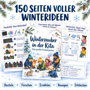 Könnte beinhalten: Ein Buch mit dem Titel Winterzauber in der Kita und 150 Seiten voller Winterideen, das Illustrationen von Kindern in Winterkleidung, einem Fuchs und einem Hasen in einer Schneelandschaft sowie Arbeitsblätter für Basteln, Forschen und Lieder enthält.