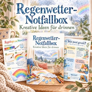 Może przedstawiać: Książka zatytułowana Regenwetter-Notfallbox Kreative Ideen für drinnen wraz z dwiema kartami instruktażowymi. Okładka przedstawia deszczowe okno z tęczą, przybory plastyczne i kubek. Karty prezentują techniki akwarelowe oraz listy zajęć dla dzieci.