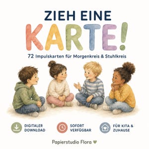 Pode incluir: Um conjunto de 72 cartões de atividades intitulado ZIEH EINE KARTE! 72 Impulskarten für Morgenkreis & Stuhlkreis. A ilustração mostra quatro crianças sentadas em círculo. Ícones indicam download digital, disponibilidade imediata e uso.