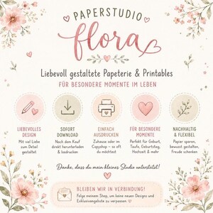 Może przedstawiać: Cyfrowa grafika informacyjna dla Paperstudio Flora z delikatnymi r&oacute;żowymi ilustracjami kwiatowymi, pięcioma okrągłymi ikonami z symbolami projektowania, pobierania, drukowania, serca i liści oraz niemieckim tekstem o papeterii.