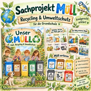 Könnte beinhalten: Ein pädagogisches Plakatset mit dem Titel Sachprojekt Müll, das Kinder beim Sortieren von Abfällen in farbige Tonnen mit den Aufschriften Papier, Bioabfall, Verpackungen, Glas und Restmüll zeigt, ergänzt durch Diagramme zu Recycling und Umweltschutz.