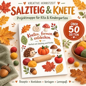 Puede incluir: Un libro de proyectos titulado KREATIVE HERBSTZEIT SALZTEIG & KNETE con manualidades de otoño como un erizo, una calabaza y hojas. La portada muestra el texto Kneten, formen & entdecken, Herbst mit Salzteig und Knete, y un círculo rojo que indica ÜBER 50 SEITEN. El texto inferior dice Rezepte, Knetideen, Vorlagen, Lernspaß.