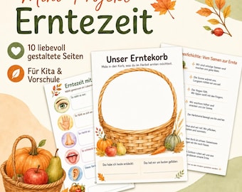 Skördetidsprojekt för dagis, fritidshem och förskola. 10 sidor med höstmaterial inklusive bildkort, sensoriska övningar, en rörelseberättelse, en affisch och ett intyg.