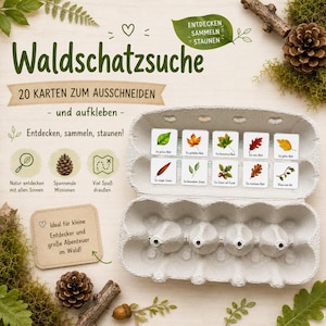 Könnte beinhalten: Ein Waldschatzsuche-Set mit einem Eierkarton aus Pappe, der zehn quadratische Karten mit Abbildungen von Blättern, Eicheln und Zweigen enthält. Der Text umfasst Waldschatzsuche, 20 Karten zum Ausschneiden und aufkleben sowie Entdecken, sammeln, staunen.