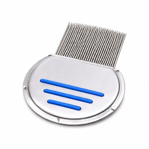 May include: A metal grooming comb featuring a circular base with three horizontal blue rubberised grip strips and a row of fine, closely spaced stainless steel teeth extending from the top edge for detangling and removing debris from hair.