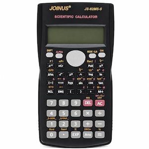May include: A black scientific calculator labelled JOINUS JS-82MS-5 with a digital display screen, a circular navigation button, and a numeric keypad featuring white, pink, and orange function keys for advanced mathematical and scientific calculations.