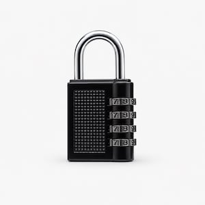 May include: A black combination padlock featuring a silver-toned U-shaped shackle and four rotating number dials on the side. The front of the lock body displays a textured grid pattern, while the dials show the numbers seven, eight, and nine.