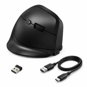 May include: A black vertical ergonomic computer mouse with a matte finish, featuring a DPI button and a scroll wheel on the top surface. Included are a small USB wireless receiver and a black USB-A to USB-C charging cable for connectivity.