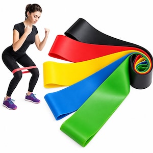 May include: A set of five flat, elastic resistance bands in black, red, yellow, blue, and green. The bands are arranged in a stacked, fanned-out formation, showcasing their smooth, flexible material and vibrant, solid colours.