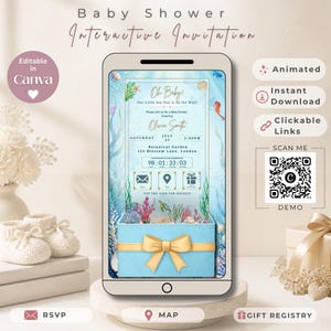 Interaktive Einladung zur Babyparty „Unter dem Meer“, Website-Vorlage, Antwortformular, Wunschliste, Karten, Countdown-Timer, bearbeitbare Canva-Datei