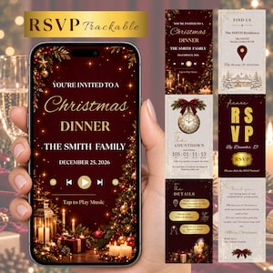 May include: A digital Christmas dinner invitation for The Smith Family on December 25, 2026, displayed on a smartphone screen. The design features a dark red background with gold text, a music player interface, and festive holiday decorations.