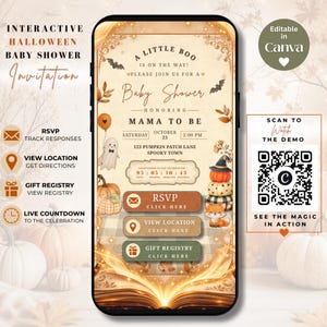 May include: A digital Halloween baby shower invitation displayed on a smartphone screen, featuring a cream background with orange pumpkins, a ghost, a fox, and bats. The text reads A LITTLE BOO IS ON THE WAY, BABY SHOWER, MAMA TO BE, and RSVP.