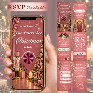 Puede incluir: Una invitación digital para el Baile de Navidad del Cascanueces mostrada en la pantalla de un teléfono inteligente, con un cascanueces, un árbol de Navidad decorado y un botón de música. Incluye detalles de RSVP, ubicación y fecha.