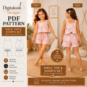 Puede incluir: Un patrón de costura digital para un conjunto de top y pantalones cortos para niña de Digitaloom Designs. El conjunto presenta un estampado floral rosa con un top sin mangas y pantalones cortos a juego. El patrón incluye archivos PDF A0 y A4, instrucciones detalladas y es apto para principiantes. La imagen muestra las vistas frontal y trasera del conjunto en una niña.