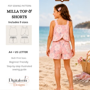May include: A PDF sewing pattern for the Milla Top & Shorts, featuring a pink floral sleeveless top with a crossover back and matching elastic-waist shorts. The document includes 9 sizes, A4 and US Letter print formats, and an illustrated guide.