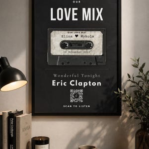 Affiche personnalisée « Love Mix » (cassette musicale), impression musicale personnalisée, affiche avec code QR Spotify, cadeau pour couple, art mural à imprimer, couleur anthracite