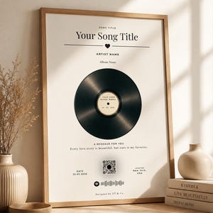 May include: A framed vertical poster featuring a black vinyl record graphic centered on a cream background. Text includes Your Song Title, Artist Name, Album Name, a custom message, a QR code, a date, location, and a Spotify-style sound wave.