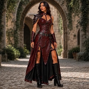 May include: A dark red leather-style outfit featuring a structured corset bodice, a single layered shoulder pauldron, and matching arm bracers. The ensemble includes a high-low skirt with metal stud detailing, a black belt, and black knee-high boots.