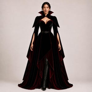 May include: A floor-length black velvet gown featuring a deep red lining, a high collar, and long split sleeves. The dress has a sweetheart neckline, a black belt with a buckle at the waist, and a layered skirt that reveals the dark red interior fabric.