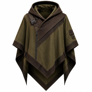 Puede incluir: Un poncho con capucha de color verde oliva con ribetes marrón oscuro a lo largo del dobladillo y el cuello. La prenda incluye un cierre de cremallera frontal asimétrico, una correa con hebilla decorativa en el hombro derecho y un bolsillo en la manga izquierda.