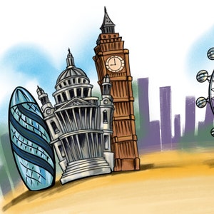 May include: A colourful illustration of famous London landmarks, including Big Ben, the London Eye, St Paul's Cathedral, the Tower of London, and a red telephone box.