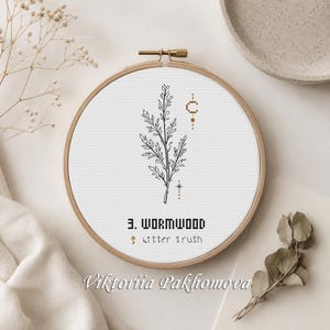 Wormwood Cross Stitch Pattern PDF, Minimalist Herb Embroidery, Magic Artemisia Botanical Line Art Stitching