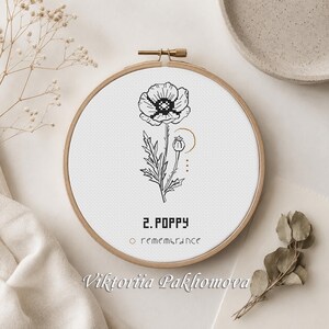 Poppy Cross Stitch Pattern PDF, Monochrome Herb Embroidery, Botanical Floral Line Art,