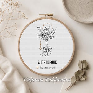 Peut inclure: Un tambour à broder circulaire en bois contenant un tissu blanc avec un motif au point de croix noir et doré représentant une mandragore. Le texte 6. MANDRAKE et hidden power est brodé sous la plante avec des symboles géométriques.
