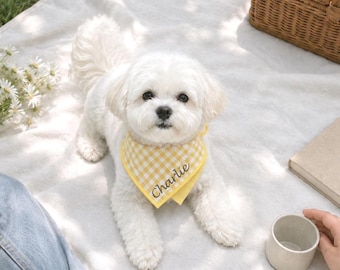 Personalized Plaid Dog Bandana, Adjustable Double-Layer Cotton Pet Scarf, Gingham Neckwear for Cats and Puppies, Custom Name Pet Gift