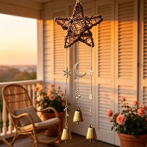 Rustic Musical Note Chime, Spiritual Home & Garden Ornament，2PCS Woven Star Moon Witch Bell Wind Chime, Boho Door Knob Hanging Decor