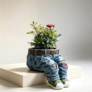 Puede incluir: Una maceta con forma de pantalones vaqueros azules con un cinturón marrón, con detalles desgastados, un parche de rosa en la rodilla y zapatillas verdes. Una pequeña planta de rosas con hojas verdes y una flor roja crece desde la cintura.