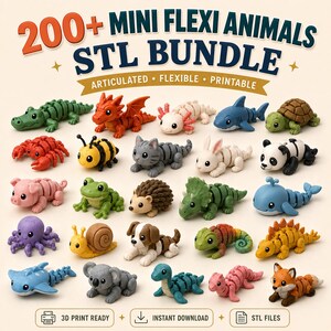 Può includere: Una collezione digitale di 200+ mini animali flessibili in formato STL con modelli 3D articolati, flessibili e stampabili. L'immagine mostra varie piccole creature, tra cui un coccodrillo, un drago, uno squalo, una tartaruga, un granchio, un'ape, un gatto, un coniglio, un panda, un maiale, una rana, un riccio, un dinosauro, una balena, un polpo, una lumaca, un cane, un camaleonte, una lucertola, una razza, un koala e una volpe.