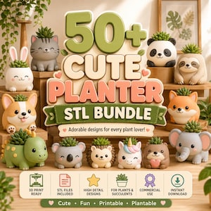 Pode incluir: Uma coleção digital de mais de 50 arquivos STL de vasos com designs de animais como gato, panda, bicho-preguiça, coelho, corgi, dinossauro, koala, ouriço, unicórnio e elefante, cada um contendo uma pequena planta suculenta verde.