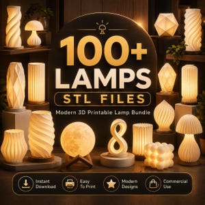 May include: A collection of various 3D printable lamp designs displayed with the text 100+ LAMPS STL FILES Modern 3D Printable Lamp Bundle. The image features numerous illuminated lamps in diverse geometric, spiral, and organic shapes on wooden bases.
