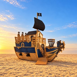 Lekställning i trä för bakgården: Ritningar till piratskeppslekhus i PDF-format, måttritningar och 3D-vyer