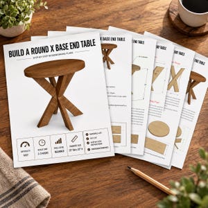 Puede incluir: Un conjunto de planos de carpintería impresos titulados Build a Round X Base End Table. El documento incluye una ilustración 3D de una mesa de madera, instrucciones paso a paso, una lista de materiales y un tamaño final de 50,8 cm por 55,88 cm.