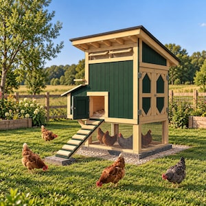 Op de afbeelding: Een houten kippenhok met donkergroene verticale gevelbekleding, een schuin dak en een lichtgekleurd frame. De structuur bevat een verhoogd nestgedeelte met een kleine deur, een loopplank en een gaasomheining aan de basis, omringd door kippen.