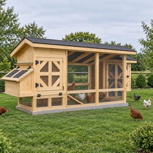 Peut inclure: Un grand poulailler en bois avec une finition en bois naturel clair, un toit en bardeaux sombres et des panneaux en grillage métallique. La structure comprend un nichoir avec un couvercle articulé sur le côté gauche et un enclos grillagé.