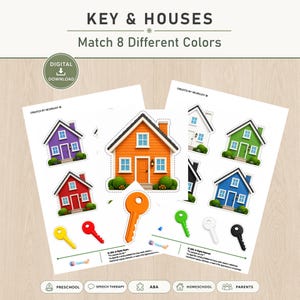 May include: A digital download activity sheet titled KEY & HOUSES Match 8 Different Colors. The page features illustrations of houses in purple, orange, red, white, green, and blue, alongside keys in yellow, red, orange, green, white, and black.