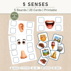 Può includere: Un set educativo sui 5 sensi con 5 tavole e 20 schede stampabili. Le tavole mostrano illustrazioni di un orecchio, occhi, un naso e una bocca con quadrati vuoti per l'abbinamento. Le schede raffigurano vari oggetti come miele e chicchi di caffè.