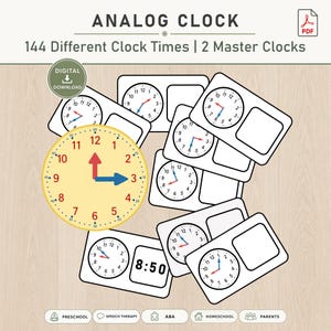 以下が含まれることがあります： ANALOG CLOCK 144 Different Clock Times | 2 Master Clocksというタイトルのデジタルダウンロードセット。赤と青の針を持つ大きな黄色い時計と、様々なアナログ時計の文字盤が描かれた複数の白い長方形のカードが含まれています。