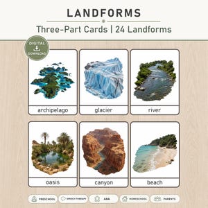 May include: A set of digital download educational cards titled LANDFORMS Three-Part Cards | 24 Landforms. The cards display images of an archipelago, glacier, river, oasis, canyon, and beach with their corresponding labels in black text.