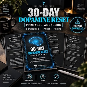 Cahier d'exercices de 30 jours pour réinitialiser la dopamine | Détox numérique et réinitialisation du temps d'écran | Suivi de la concentration | PDF imprimable