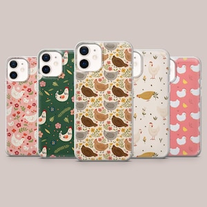May include: Five clear phone cases featuring various chicken and floral patterns. The designs include white, brown, and gray chickens on backgrounds of pink, dark green, cream, and light beige, decorated with small flowers and leaves.