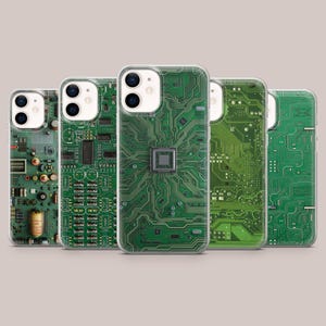 May include: Five clear smartphone cases arranged in a row, each featuring a distinct green printed circuit board design. The patterns display various electronic components, intricate copper traces, and central processor chips on a green background.