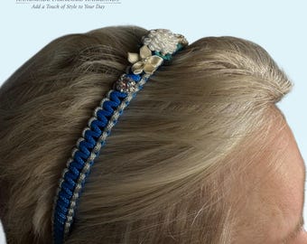 Floral Elegance Colonial Blue & Silver Gray Paracord Hairband – Comfortable Everyday Accessory