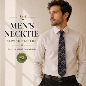 Könnte beinhalten: Ein digitales Schnittmuster für eine Krawatte mit dem Text MEN'S NECKTIE SEWING PATTERN PDF INSTANT DOWNLOAD. Das Design enthält ein kleines Nähmaschinen-Symbol in einem grünen Kreis, präsentiert neben einer dunkel gemusterten Krawatte.